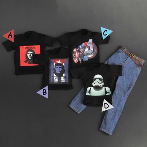 1:6 MenS Classic T-Shirt Short-Sleeved Jeans Belt 12-Inch Toy Action Figure Clothes Black Top Dark Blue Pants