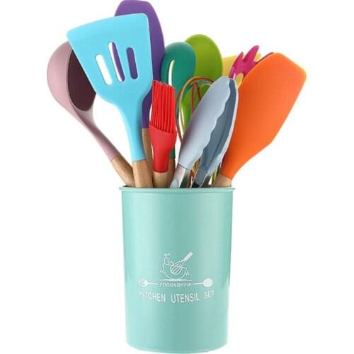 12pcs Silicone Kitchen Utensils Set with Wooden Handle Spatula Spoon Tongs Egg Beater Holder