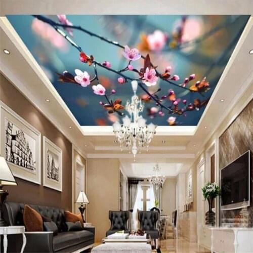 Custom Size mural 3d beautiful flower branches peach cherry ceiling roof background Self Adhesive wallpaper decorate Waterproof