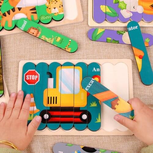 New Kids Animal Montessori Puzzle 3D Double-sided Stripe Child Puzzle Wooden Toys Tell Story Educational Wooden Puzzles For Kids