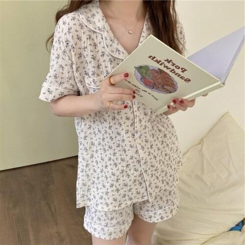 Fresh Floral Students Pajamas Set New Full Cotton Home Clothes Lapel Cardigan Shirt + Shorts Two Piece Suit Pyjamas Women