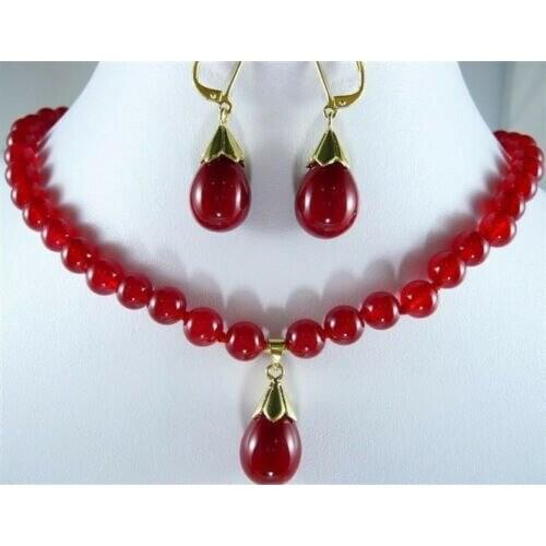 Charrming 8mm Red Ruby Gemstones Necklace Earring set 18"