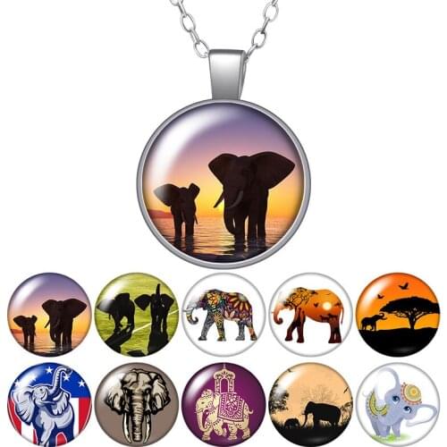 Elephant Family Lovely animals Round Pendant Necklace 25mm Glass Cabochon Silver plated Jewelry Women Party Birthday Gift 50cm