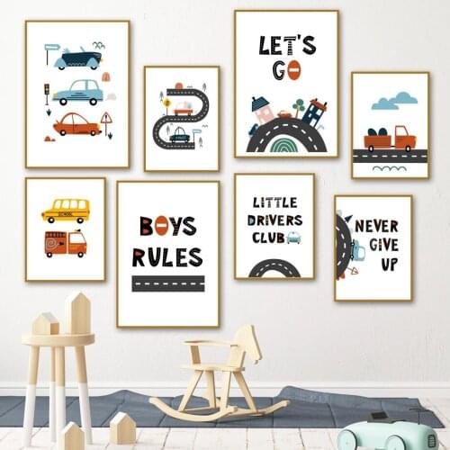 Simple Nordic cartoon printing vehicles, cars, highways, childrens rooms, decorative painting mural pictures, inkjet printing