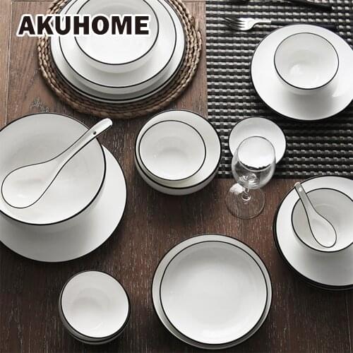 Simple European Style Ceramic Dinnerware Set of 2 4 8 Black Stripe China Bone Bowl Plate