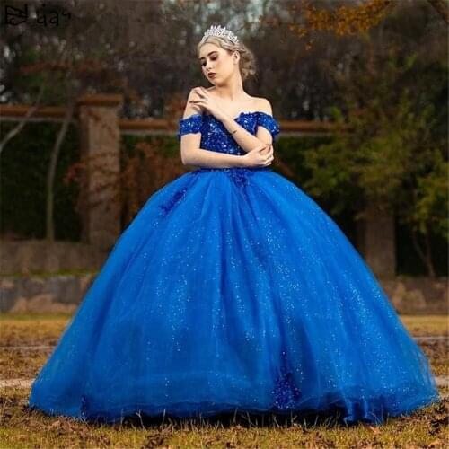 Quinceanera Dresses Mexican 2021 Royal Blue Lace Flowers Masquerade Prom Pageant Dress Sweet 16 vestidos de quinceañera