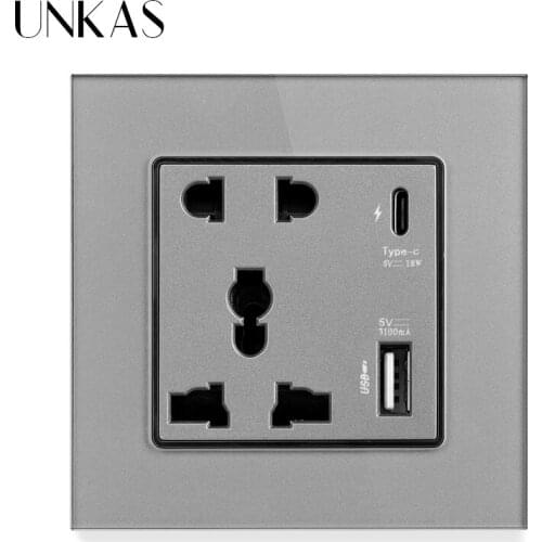 UNKAS Type-C Port Socket 18W 3100mA Smart Quick Charge Wall Glass Panel Universal 5 Hole Pin Power Outlet With USB Interface