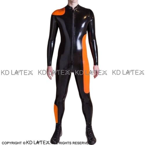 Black And Orange Trims At Sides Sexy Latex Catsuit Front To Crotch Zipper Rubber Bodysuit Zentai Overall Body Suit LTY-0266