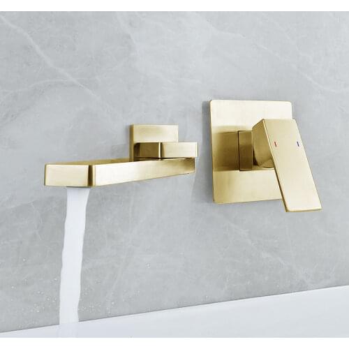 Modern Gold Swing Spout Wall Mount Basin Faucet Single Handle Mixer Tap Concealed Bathroom Sink Torneira