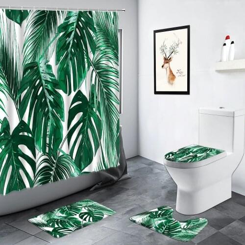 Tropical Plant Green Leaves Shower Curtains Creative Monstera Palm Leaf Fashion Decor Bathroom Rug Non-slip Toilet Bath Mats Set