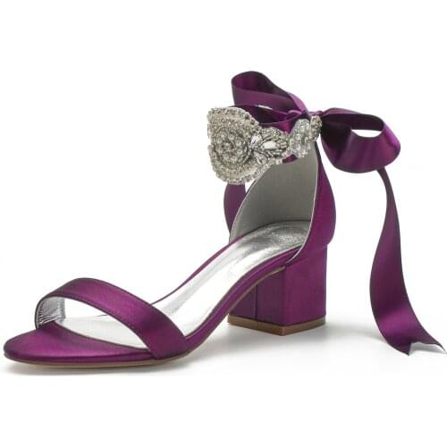 Thick Heels Summer Wedding Sandals Satin Evening Dress Shoes Elegant Beading Crystal Ankle strap Ribbon Tie Bridal Pumps colors
