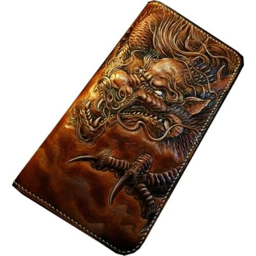 High-end Handmade Genuine Leather Chinese Dragon Wallets Purses Men Long Clutch Vegetable Tanned Leather Card Holder