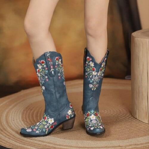 ZawsThia Bohemian Ethnic Woman Shoes Flower Floral Embroidery Chunky Heels Cowboy Riding Winter Boots Women Plus Size 45 46 47