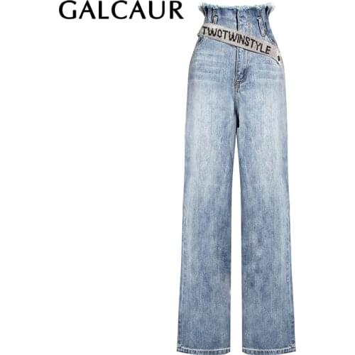 GALCAUR Denim Womens Trouser High Waist Pockets Loose Casual Large Size Long Wide Leg Pants Female Fashion 2020 Summer New