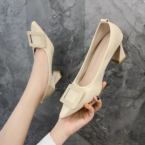Women High Heels Pointed Toe Square Button Asakuchi Shoes Mature Female Office Ladies Comfortable Square Root Shoes