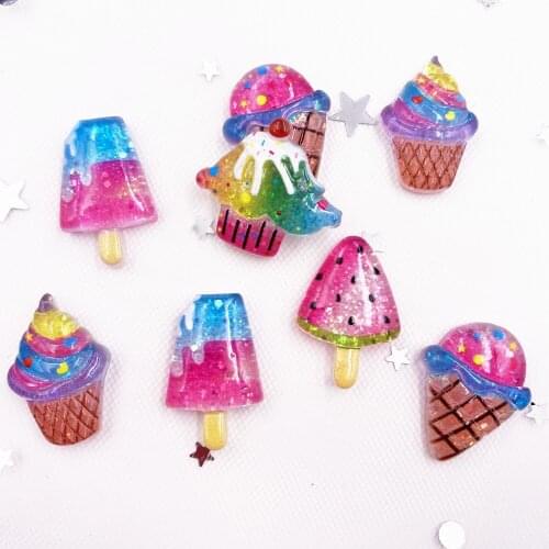 10PCS Glitter Resin Kawaii Colorful Crystal Ice Cream Popsicle Flatback Cabochon Scrapbook DIY Accessories Figurine Decor OH10