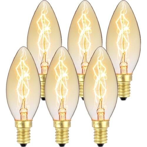 TIANFAN 6-Pack Edison Bulb C35 Candle Light Bulb 40W Dimmable Retro Filament Decorative Light Bulb Amber 220/240v Small Base E14