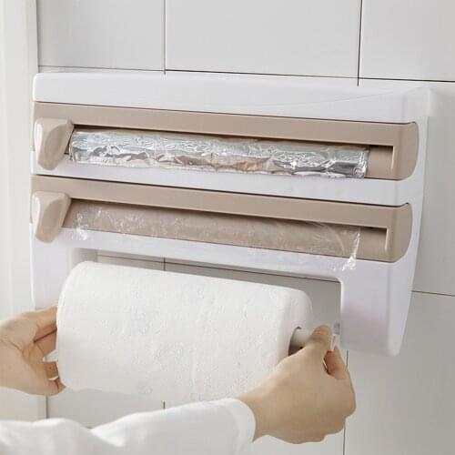 6-IN-1 Wall Mount Cling Film Cutter Paper Towel Rack Tissue Film Preservative Holder Wrap Tin Foil Dispenser Storage Organizer