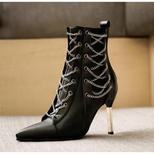 AIWEIYi Fashion Women Ankle Boots High Heels Black Silver Shoes Woman Platform Pumps Lace Up Short Boots Ladies Shoes Female