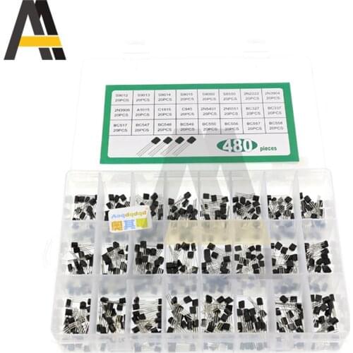 BC337 BC327 2N2222 2N2907 2N3904 2N3906 S8050 S8550 A1015 C1815 24 Values 480PCS Transistors Box Pack Transistor kit TO-92
