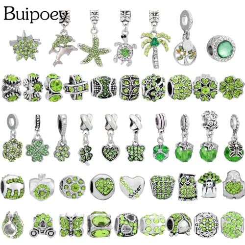 Buipoey Fashion Green Crystal Beads silver color Tree Of Life Pendant Fit Brands Charms Bracelets DIY Jewelry Making Accessories