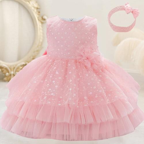 Toddler Infant Baby Girl Sequins Dresses With Headbands Bow Princess Baby Dress 1st Birthday Wedding Party Newborn Kids Clothes