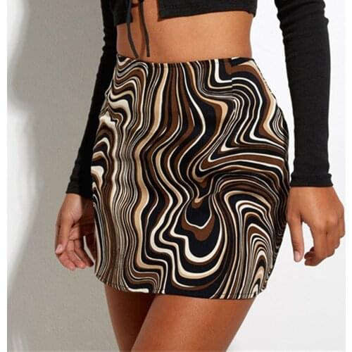 Summer Womens Bodycon Mini Skirt High Waist Asymmetric Striped Print Zip Up Short Pencil Skirt