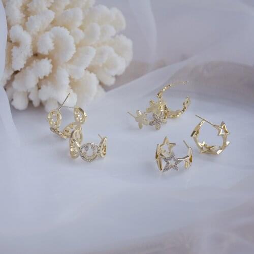 14k Real Gold Fashion Jewelry Crystal Flower Star Smiley C-shaped Exquisite Earrings for Woman Holiday Party Elegant Earring