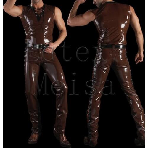 Mens brown tight latex clothing set including vest top and trousers with lacing decorations