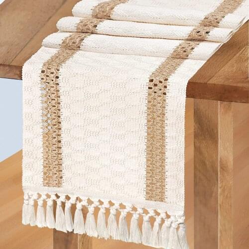 Macrame Table Runners Cotton Boho Natural Burlap Table Runner with Tassels Bohemian Wedding Bridal Home Table Decoration