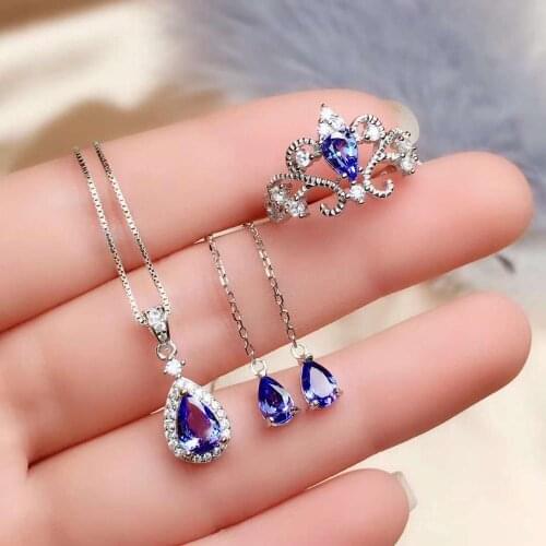 Real Natural Tanzanite jewelry set Natural Real Tanzanite 925 sterling silver 1pc pendant,1pc ring,2pcs Earring
