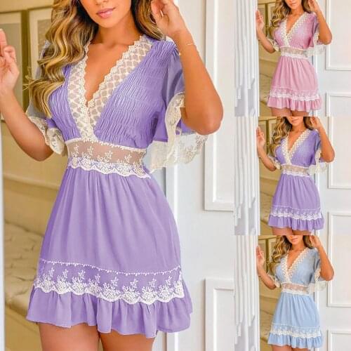 Ruffles Floral Printed Dress Boho Dress Beach Crochet Lace Patch Shirring Swing Cocktail Party Dress V Neck Elegant Mini Dress