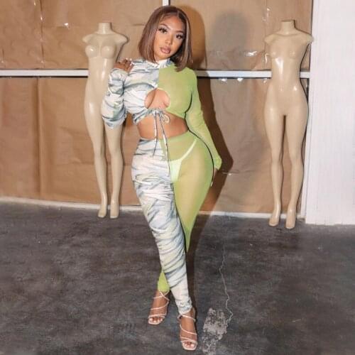 Sexy Mesh Patchwork Print 2 Piece Set Women See Through Hollow Out Bandage Crop Top + Legging Club wear Two Piece Set Outfits