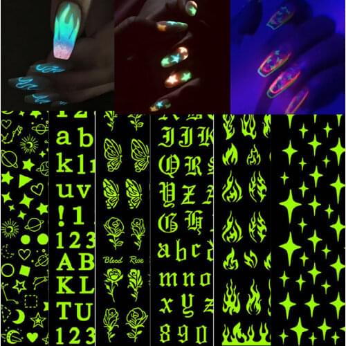 1PC 3D Luminous Nail Stickers Flame Butterfly Star Moon Summer Design Glow in The Dark Sliders Manicure Decorations