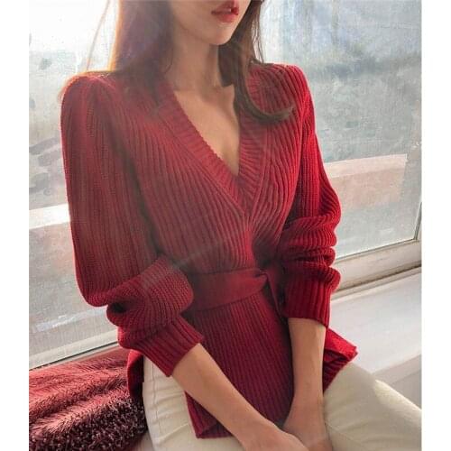 Autumn Winter Sexy Knitted Sweater Women Loose Pullover V-neck Sash Tie Up Knitwear Tops Office Lady Jumpers Female Sweaters