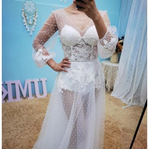 UMK Sexy Illusory Dot Tulle Beach Wedding Dress Boho Long Sleeve Appliques See Through Lace Bridal Gowns