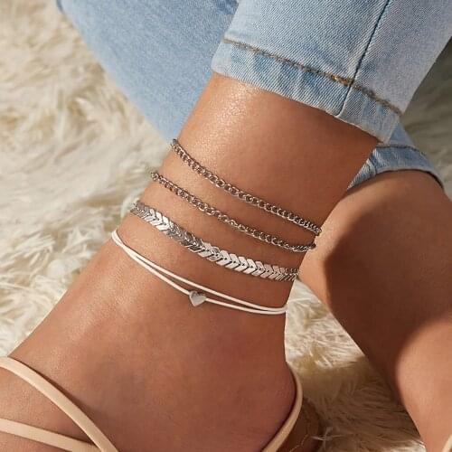 Vintage Boho Multi Layer Silver Color Anklets For Women 2021 New Fashion Heart Pendent Anklet Handmade Chain Foot Party Jewelry