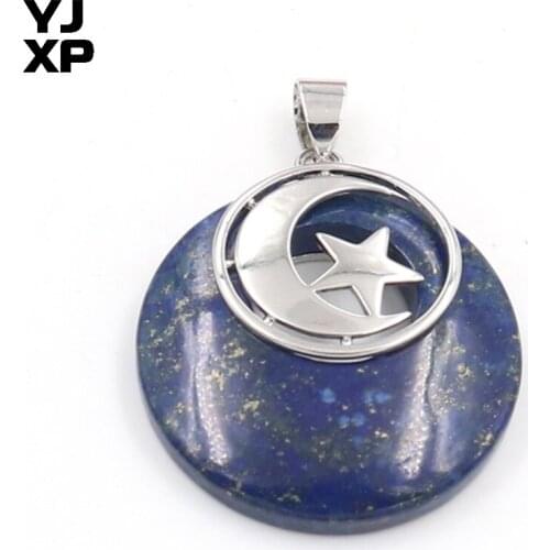 YJXP Silver Plated Round Hollow Stone with Star Lapis Lazuli Pendant Half Moon Vintage Jewelry