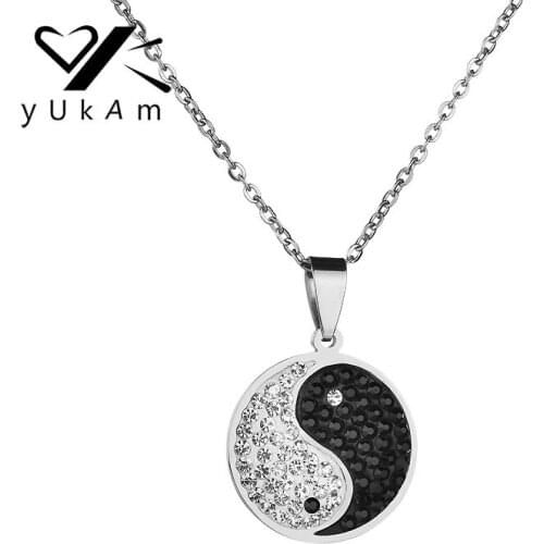 YUKAM Jewelry Chinese Ethnic Yin Yang Tai Chi Pendant Necklaces Stainless Steel Crystal Rhinestone Coin Necklace for Women Gifts