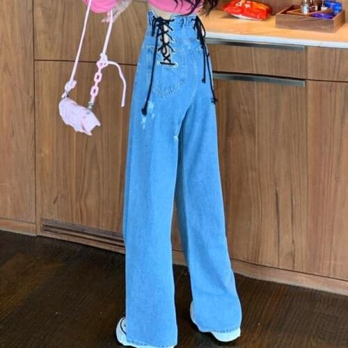 Bella High Waist Hollow Out Bandage Denim Trousers Street Shot Sexy Straight Pant Style Female Trousers Super Spicy Loose Jeans