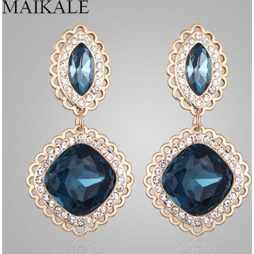 MAIKALE Classic Waterdrop Austria Crystal Long Earrings Colorful Zirconia Gold CZ Drop Earrings for Women Princess Gifts