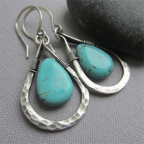 Retro Metal Water Drop Turquoises Gem Stone Dangle Earrings For Women Geometry Shiny Crystal Vintage Dangle Earring 2020 New