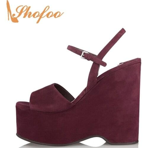 Women Fashion Buckle Wedges Round Toe High Slim Stiletto Super High Platform Wedge Sandals Heel Sandals Large Size 4 45 Shofoo