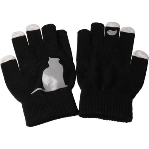 Womens Winter Knitted Touchscreen Gloves Funny Creative Cartoon Cat Bird Irregular Patchwork Palm Outdoor Warm Mittens