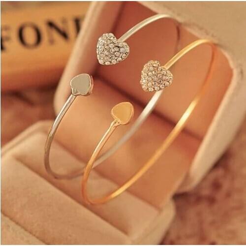 Ladies Women Chic Lovely Shining Rhinestone Sweet Heart Bracelet Bangle Gold/ silver color Bangles adjustable size A019H