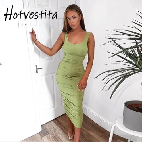 Hotvestita Summer Dresses Women 2021 Sexy Solid Sleeveless Ruched Backless Sundress Elegant Office Lady Bodycon Basic Maxi Dress