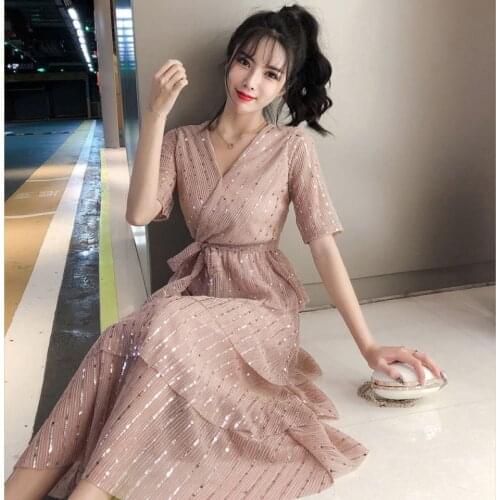 2021 Summer Women V-Neck Bling Sequined Ball Gown Dress Lady Elastic Slim Waist Bandage Strap Sashes Chic Layer Midi Cake Dress