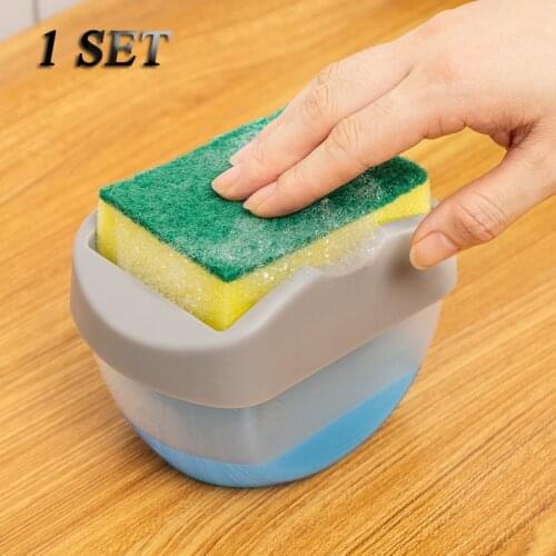 2 in 1 Scrubbing Liquid Detergent Dispenser Press-type Liquid Soap Box Pump Organizer with Sponge Kitchen Tool Bathroom Supplies