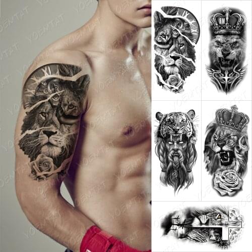 Clock Lion Crown Temporary Tattoo Stickers For Women Men Tiger Rose Waterproof Flash Tattoos Body Transfer Art Arm Fake Tatoo