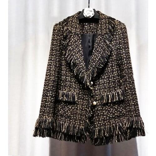 Black Tweed Jacket Pearl buckle Long Metal flash fabric 2019 Fall/Winter womens Coat Ladies Jacket coat